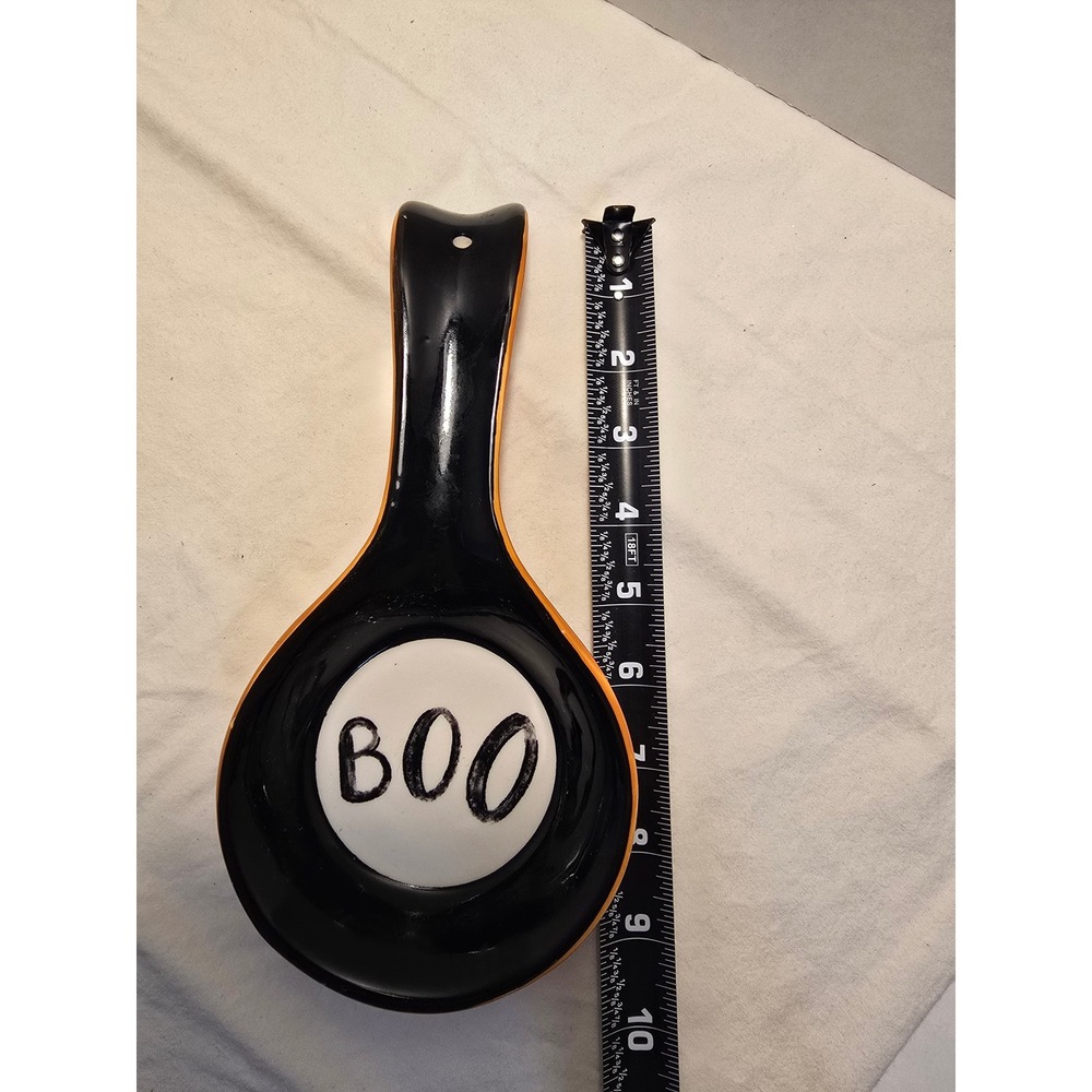 Terramoto Ceramic Halloween Boo Spoon Rest Black Orange White Glossy 9.5 Inch